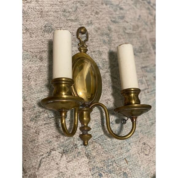 Antique Solid Brass Dutch Colonial Style Wall Sconce with Pull Two Light - Picture 3 of 6